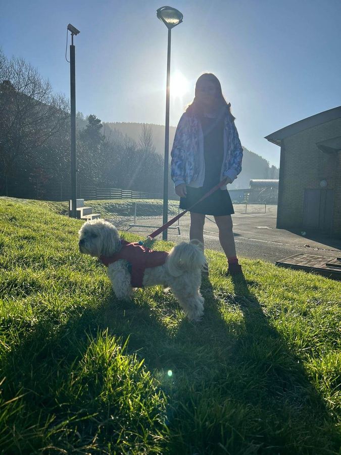 A pupil with a Baxter Project companion dog on the school field